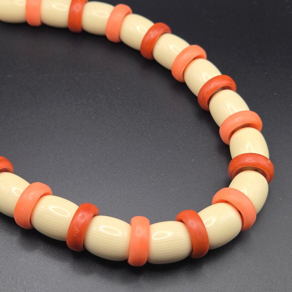 Vintage Napier Chunky Lucite Bead Chain-Threaded Necklace Cream Coral Salmon 16"